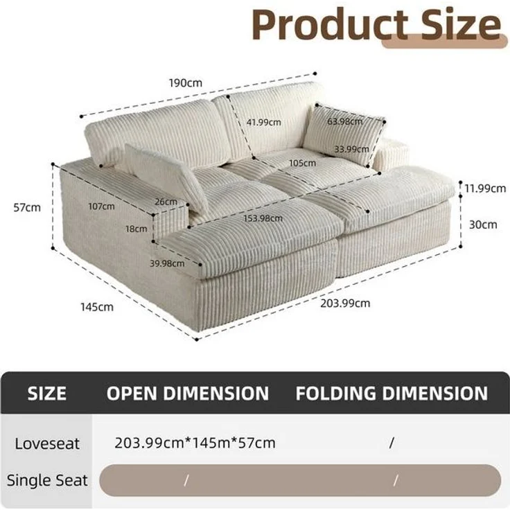 Leawin Sofa Cordsofa 2-Sitzer mit Bettfunktion, modernes Schlafsofa für Wohnzimmer, Weicher Cordbezug, flexible Kombination & ideal für kleine Räume – Bild 4