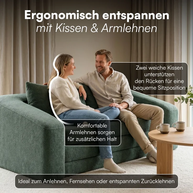 skølm 'Fjäll' Schlafsofa 2 Sitzer mit 2 Kissen, dunkelgrün, Teddy-Bouclé Sofa ausklappbar, mit Liegefunktion, vakuumverpackt ohne Aufbau – Bild 6