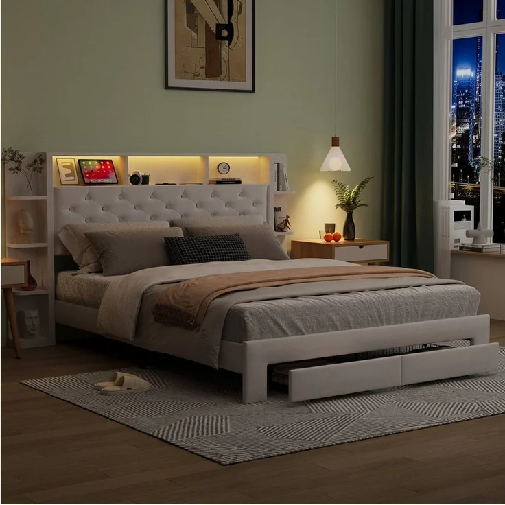 FUROKOY Stauraumbett Weiß Polsterbett Doppelbett mit 2 Schubladen (Set, 1-tlg, Stauraum Kopfteil), Funktionsbett, Samtstoff, Ohne Matratze, 160x200cm – Bild 2