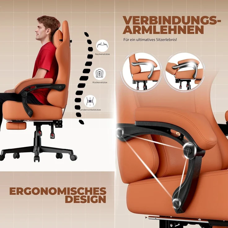 GTPLAYER Gaming Stuhl, Atmungsaktiver Bürostuhl,bürostuhl ergonomisch, Hochwertiger - Kunstleder,Ergonomischer PC Stuhl, 160° Verstellbare Rückenlehne und ausziehbare Fußstütze,Tragkraft 180 kg,Orange – Bild 8