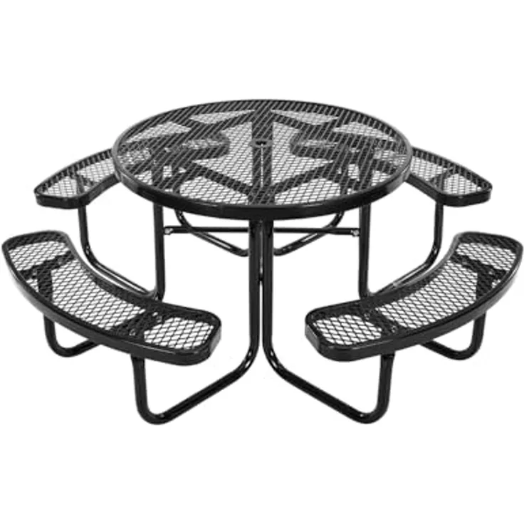 VEVOR Picknicktisch (rund) mit 4 Bänken Sitzgarnitur, wetterfestes Gartenmöbel-Set für Terrasse, beschichtete Stahltische mit Loch für Schirm, Gartengarnitur für Hinterhof Veranda (schwarz)