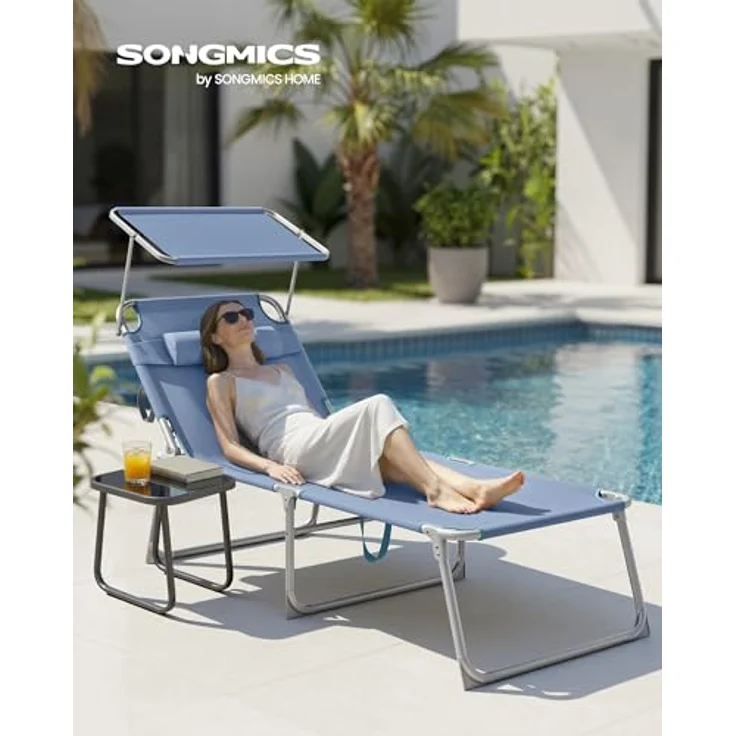 SONGMICS Große Sonnenliege GCB022Q01, klappbarer Liegestuhl mit Sonnenschutz, Kopfstütze und verstellbarer Rückenlehne, blau, für Garten, Pool und Terrasse, Belastbarkeit 150 kg – Bild 2