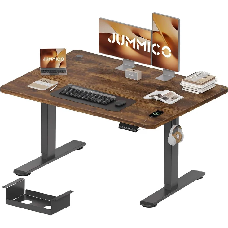 JUMMICO Schreibtisch elektrisch höhenverstellbar mit Kabelwanne & USB-Buchse, Vintage-braun, 120x70 cm