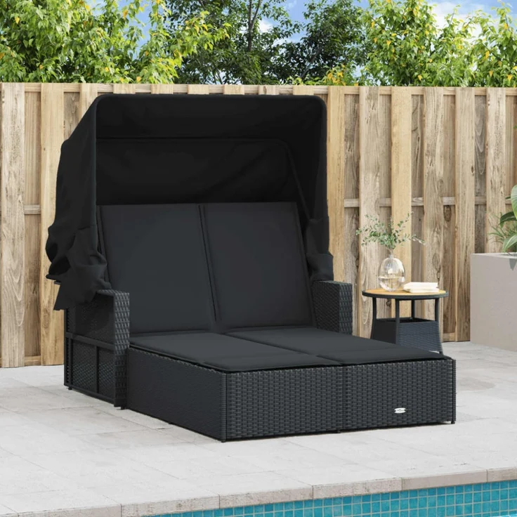vidaXL Doppel-Sonnenliege mit Dach und Auflagen Schwarz Poly Rattan 365807 – Bild 12