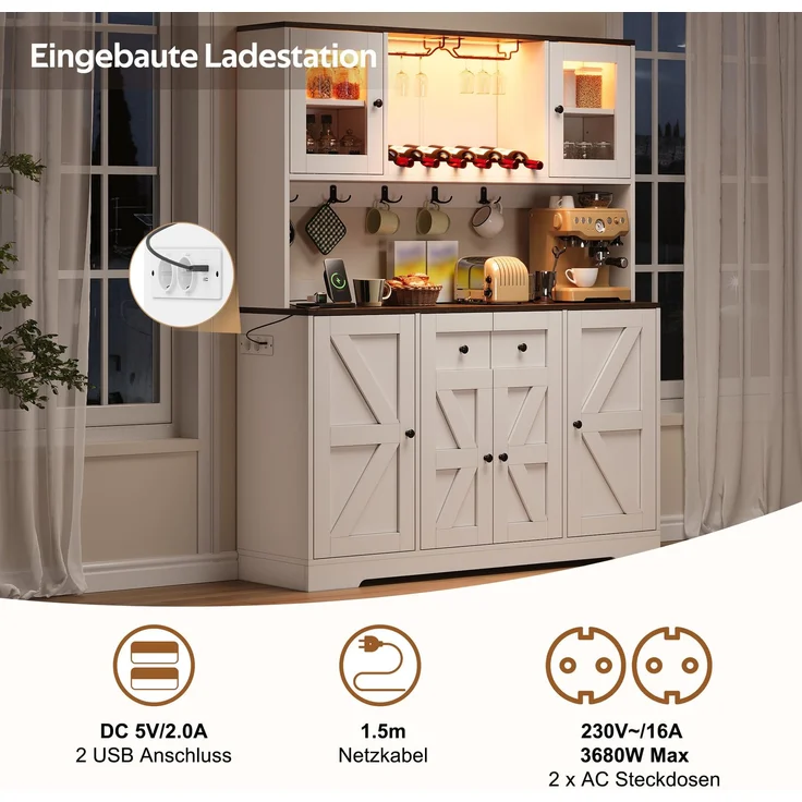 Küchenschrank, hoher Schrank mit LED-Beleuchtung und Steckdosen, Vorratsschrank mit Acrylglastüren, Weinregalen und Weinglashaltern, Vitrinenschrank für Wohnzimmer & Esszimmer, 140 × 40 × 173 cm--Weiß--140x40x173cm--YOUDENOVA – Bild 10