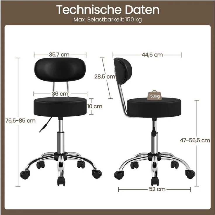 Yaheetech Drehhocker 75,5 cm – 85 cm Höhenverstellbarer Barstuhl, Arbeitshocker mit 360° Drehbarer Sitzfläche & Rückenlehne – Bild 3