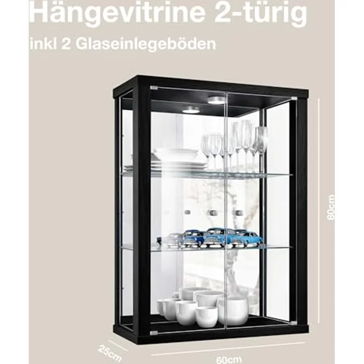 K-Möbel Hängevitrine, Schwarze Glasvitrine mit 2 Fächern, Rechteckig, 60x80x25 cm für Wohnzimmer und Wohnwände – Bild 2