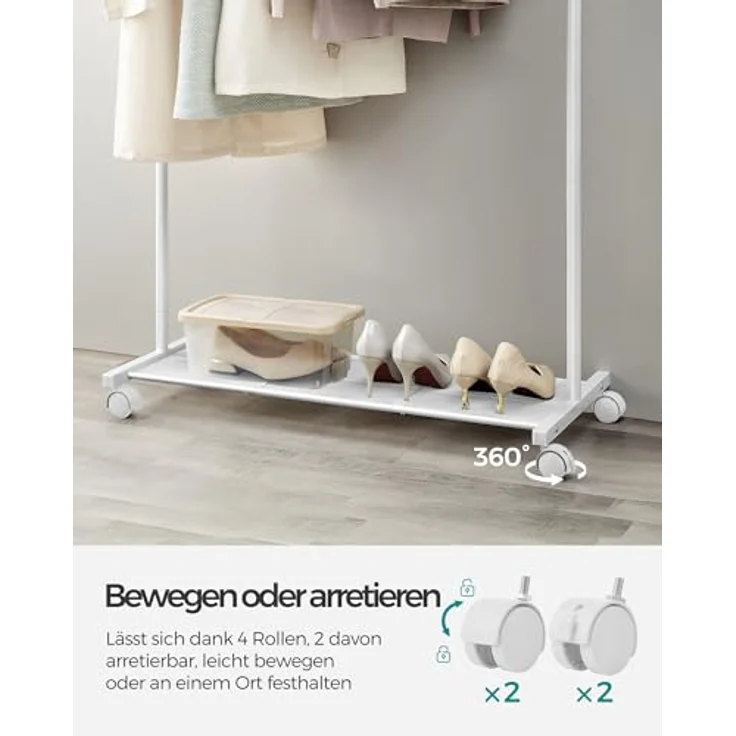 SONGMICS Kleiderständer, Kleiderstange auf Rollen, Garderobenständer Metall, Rollgarderobe 91 cm breit, mit Ablage, 2 Rollen mit Bremse, Stange bis 40 kg belastbar, weiß HSR025W01 – Bild 8
