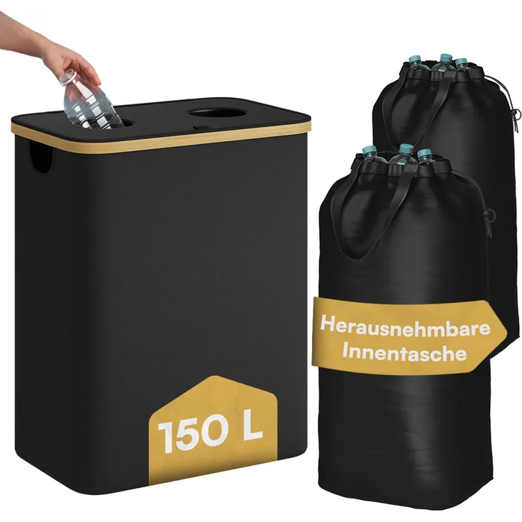 Bellamio 'Tolt' Pfandflaschen Sammelbehälter aus Stoff mit Bambus 150 L, zwei Fächer, herausnehmbare Innentasche mit Griffen, mit Deckel, waschbar & tropfsicher, schwarz