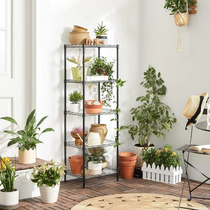 Songmics Küchenregal mit 5 Ebenen, Metallregal, Standregal, höhenverstellbare Gitterablage, mit PP-Kunststoffplatten, 8 S-Haken, für Küche, Wohnzimmer, bis zu 100 kg belastbar, schwarz LGR115B01 – Bild 3