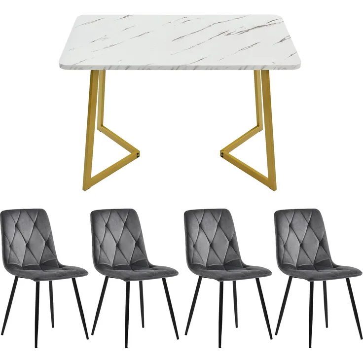 Merax Esstisch mit 4 Stühlen Set Küchetisch Esszimmerstuhl, Essgruppe, (5-tlg), Metallbeine, Samt, Grau