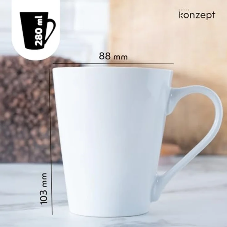 KONZEPT Becher Kaffeebecher aus Porzellan, 280 ml Set 6er Teetassen in Weiß, Kaffee-Tassen zum Bemalen – Bild 2