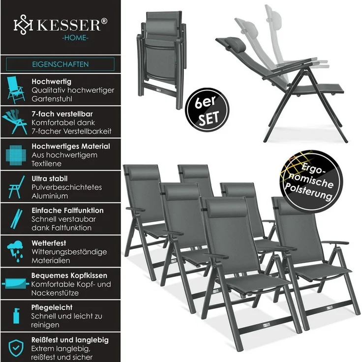 KESSER® Gartenstuhl Hochlehner mit Armlehnen | Aluminium Klappstuhl inkl. Kopfkissen Campingstuhl 7-Fach Verstellbar Rückenlehne | Atmungsaktiv & Wetterfest | Klappbar & Anti-Rutsch Anthrazit, 6 Stück – Bild 2
