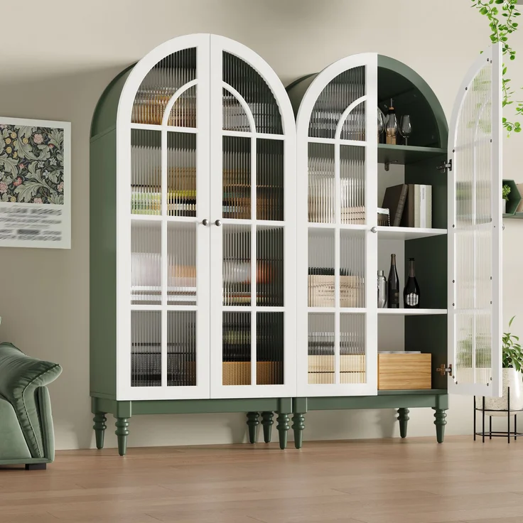 2-set Bogen-Vitrinenschrank 165cm mit Riffelglas-Doppeltüren, 3 Einlegeebenen, 2 Farben (Dunkelgrün+Weiß)--Grün--76x38.5x165cm--YOUDENOVA – Bild 2