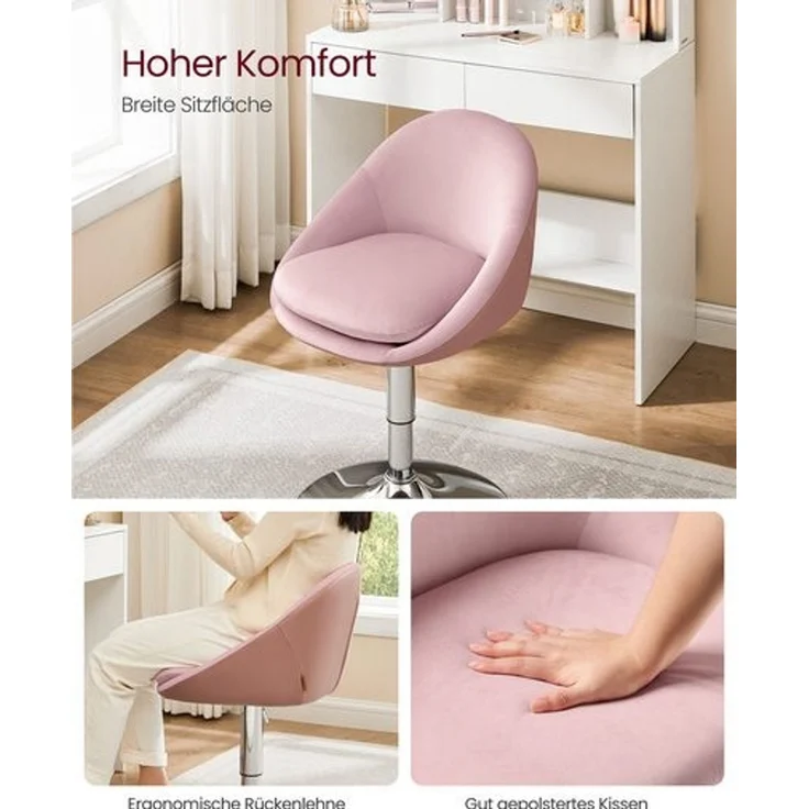 VASAGLE Stuhl verstellbar, Schminkstuhl, Bürostuhl, drehbar, Barhocker mit Rückenlehne und Sockel, Stahl, für Theke, Büro, Schminktisch, Esszimmer, 52,5x50 x (81,5–93,5) cm – Bild 4