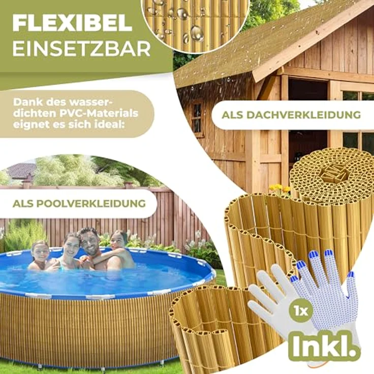 KESSER® PVC Sichtschutzmatte Sichtschutzzaun 80x500cm Balkonverkleidung Windschutz verstärkte Lamellen für Garten Balkon & Terrasse Balkonumrandung inkl Kabelbindern, Abdeckung & Handschuhe Bambus – Bild 5