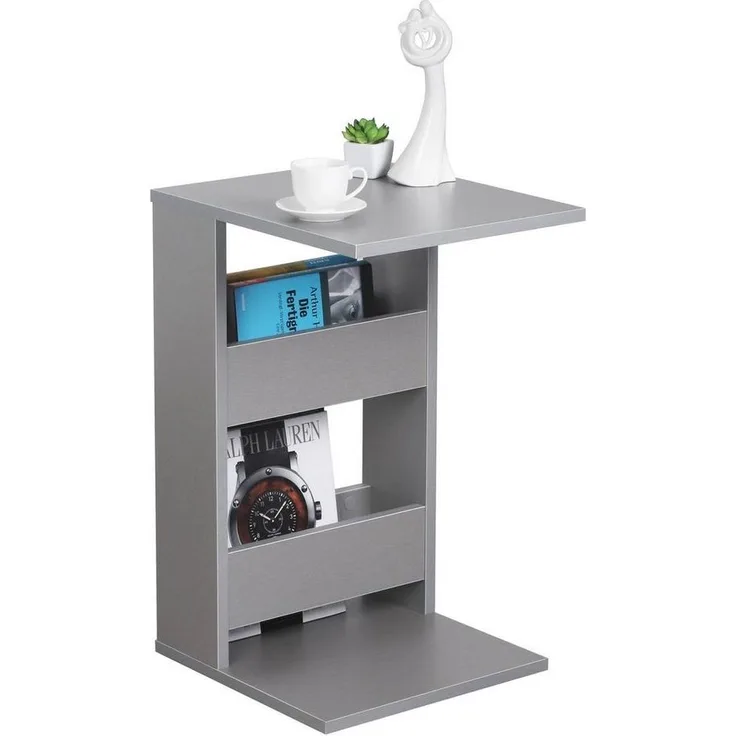 RICOO Kleiner Beistelltisch Holz 35 x 60 x 40 cm WM042-PL Couchtisch mit Stauraum Grau Wohnzimmertisch Kleiner Tisch Wohnzimmer Sofatisch Beistelltische C Form Konsolentisch