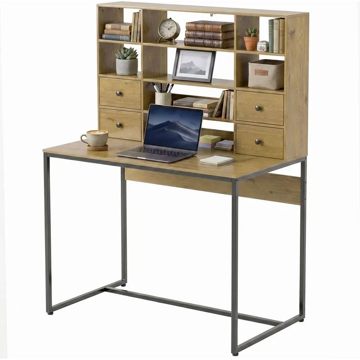 MELAYR, Computertisch mit 4 Schubladen, 105 x 60 cm, Schreibtisch mit Stauraum, Offene Regale, 105 x 60 cm, Naturholz – Bild 2
