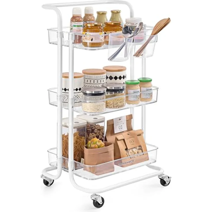 SONGMICS Rollwagen, 3 Ebenen, Servierwagen, Küchenwagen mit Griff, 2 kleine Einhängefächer, 2 Bremsen, Ablagefächer aus Kunststoff, einfacher Aufbau, Schlafzimmer, weiß-transparent BSC067W03 – Bild 1