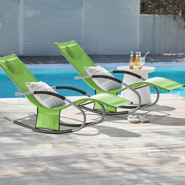 SoBuy OGS28-GRx2, 2er Set Schaukelliegen, Gartenliege in Grün, luftige Swingliege mit Kopfkissen und Stauraum für Garten, Balkon und Strand – Bild 2