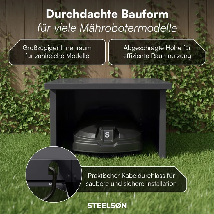 STEELSØN 'Drakon' Mähroboter Garage, Metall, anthrazit, wetterfest, 53/42x77x90 cm, Mähroboterhaus mit aufklappbarem Pultdach – Bild 4