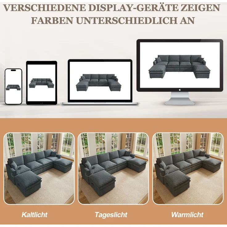 Modulares Ecksofa 277x135x80 cm, 6-Sitzer in Grau mit Stauraumhockern und USB-Anschluss – Bild 7