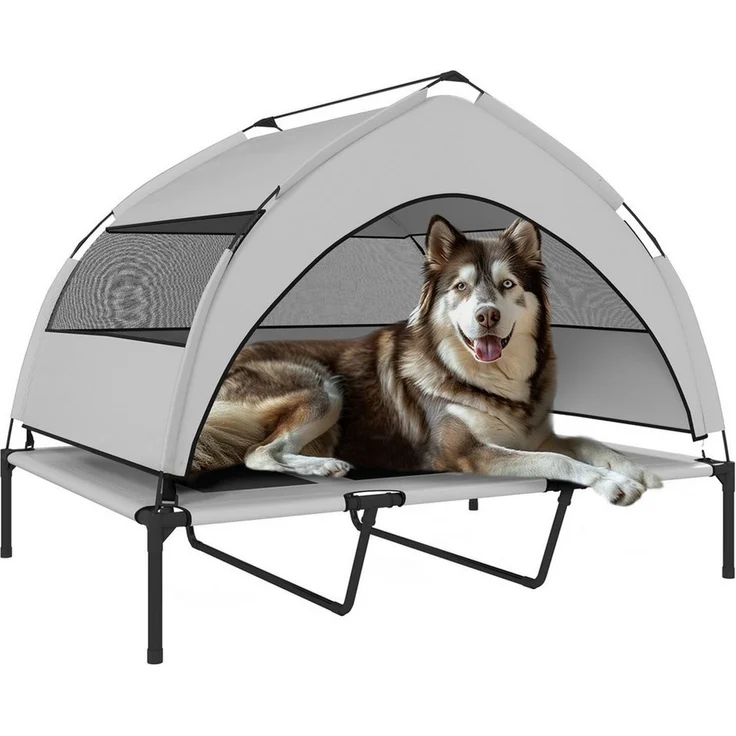 PawHut Tierbett Erhöhtes Hundebett mit Dach, Stahlrahmen, Aufbewahrungstasche, Polyester, für extra große Hunde, 122x92x94cm, Hellgrau – Bild 1