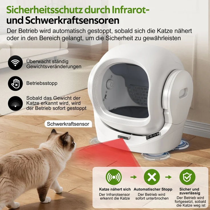 Intelligente automatische Katzentoilette mit App-Steuerung, 68L Großraum, 8L Abfallbehälter, Aromabox, Infrarot-Sicherheit, für 1–2 Katzen, selbstreinigend, leise, kindersicher--Weiß--53x45.5x56.5cm--YOUDENOVA – Bild 5