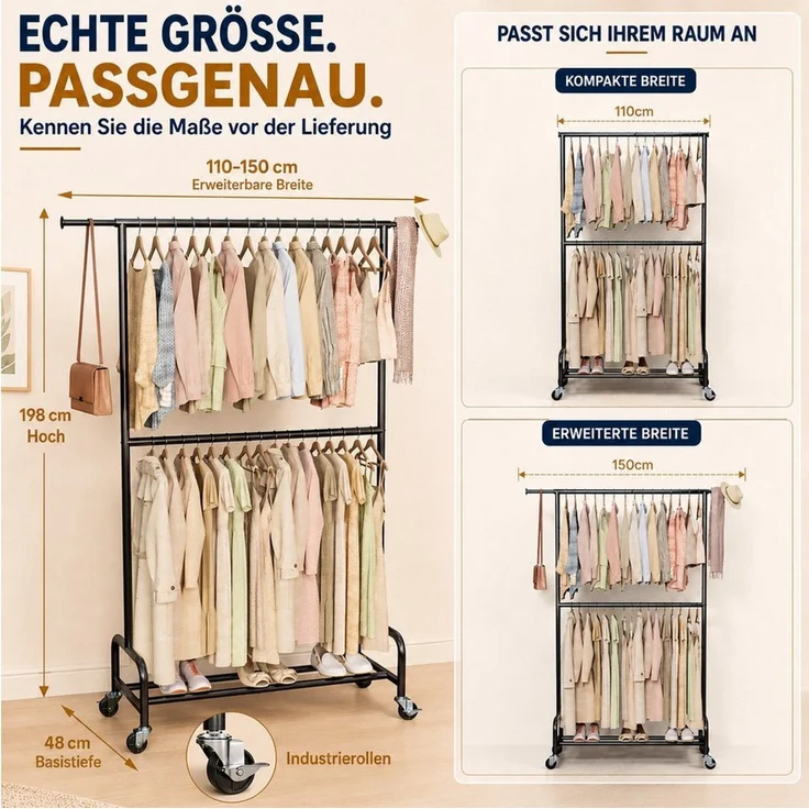 Yorbay Kleiderständer Schwerlast Garderobenständer auf Rollen,bis 210 kg Belastbar, (110/150*48*198cm), 110–150 cm verstellbar, 198 cm hoch, Doppel-Kleiderstange – Bild 3