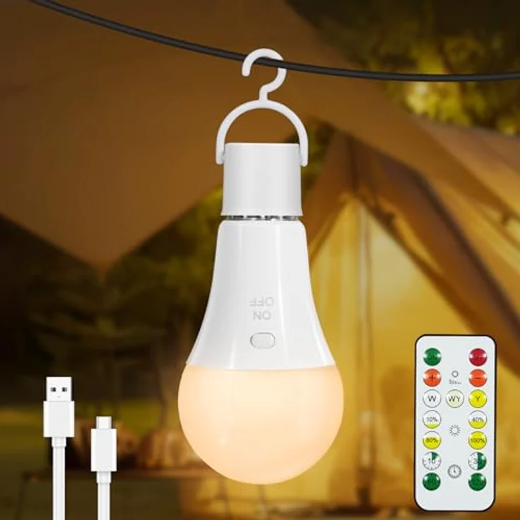 Dehobo Glühbirne Mit Batterie E27 Aufladbare Glühbirne Mit Fernbedienung - 7W Type-C Ladung Camping Lampe 3 Farben Dimmbare - Akku birne Mit Timing Funktion Mit Taste, Outdoor Lampe 1 Pack – Bild 2