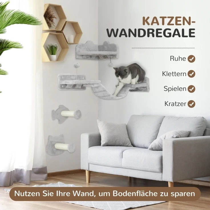 JARDJ Katzentreppen-Set, 4-teilig, Kratzmöbel mit Sisal-Stufen, doppelter Plattform, Hellgrau/Cremeweiß – Bild 4