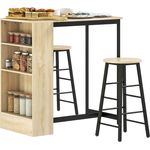 HOMCOM Bargruppe 3-tlg. mit Küchentisch, Stauraum, 2 Hocker, Fußstützen, (Bartisch mit Barhocker Set, 3-tlg, Bartisch-Set), im Modern-Stil, platzsparend, für Esszimmer, Küche, Stahl, Eiche