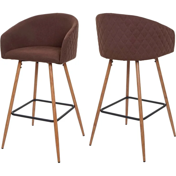 2er-Set Barhocker HWC-D72, Barstuhl Tresenhocker Küchenhocker mit Lehne, Metall Holzoptik ~ Stoff/Textil, braun