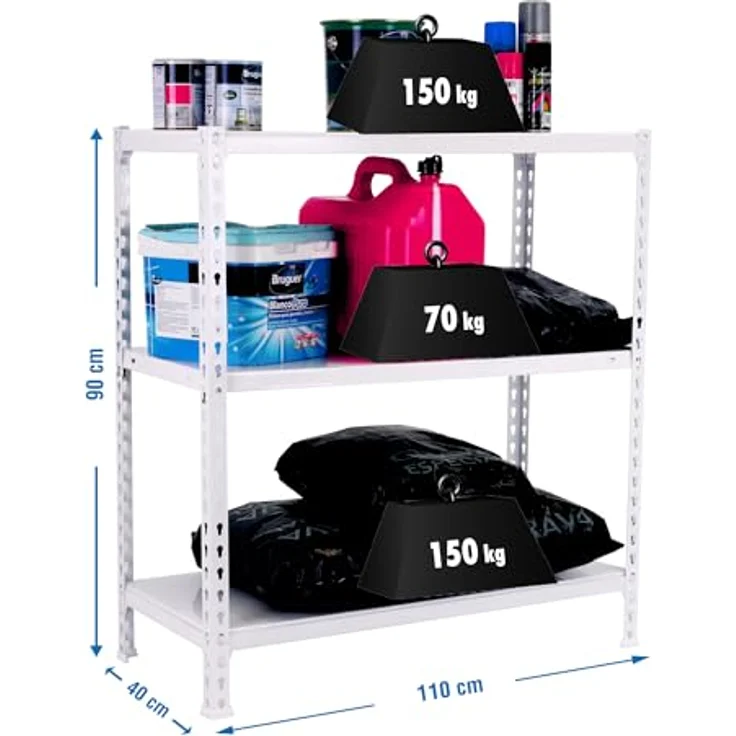 Simon Rack Schwerlastregal, 900 x 1100 x 400 mm, Bis 60 kg Belastbar, 3 Verstellbare Ablagen, Kellerregal, Lagerregal, Weiss - Ecoclick – Bild 3