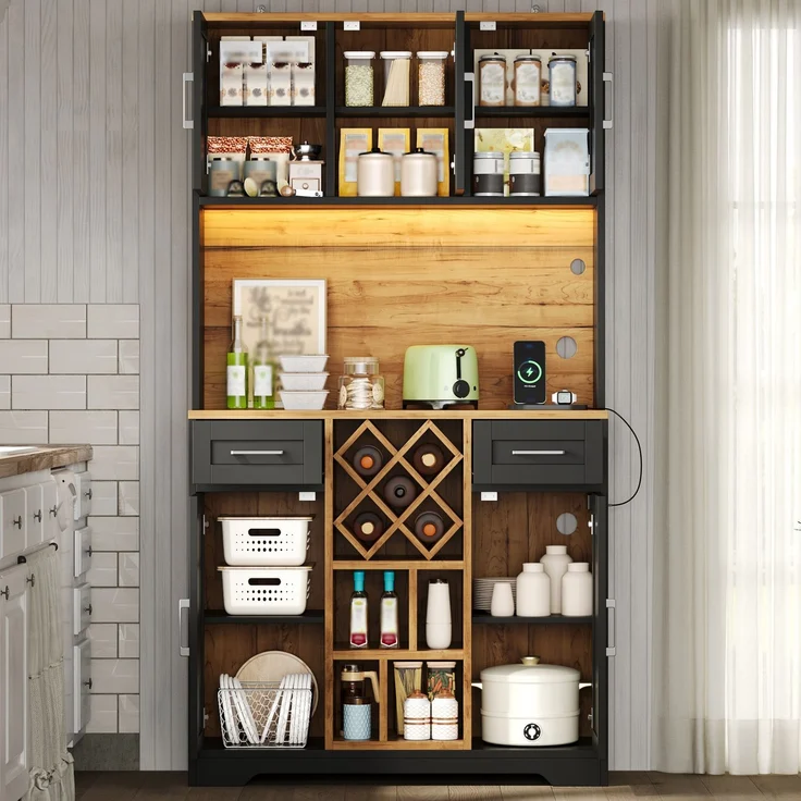 Küchenschrank, hoher Stauraumschrank mit LED-Beleuchtung, Vorratsschrank mit Weinregalen, Weinschrank & Vitrinenschrank für Wohnzimmer und Esszimmer, 180 × 105 × 40 cm--Natur2 + Schwarz--105x40x180cm--YOUDENOVA – Bild 6