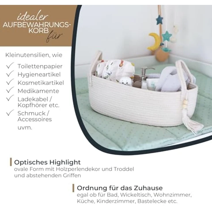 HMF Aufbewahrungskorb Aufbewahrungskorb Badezimmer, Korb für bis zu 3 Rollen Toilettenpapier, handgenäht aus Baumwolle, Badezimmerkorb, 38,5 x 15,5 x 14 cm, Creme – Bild 3