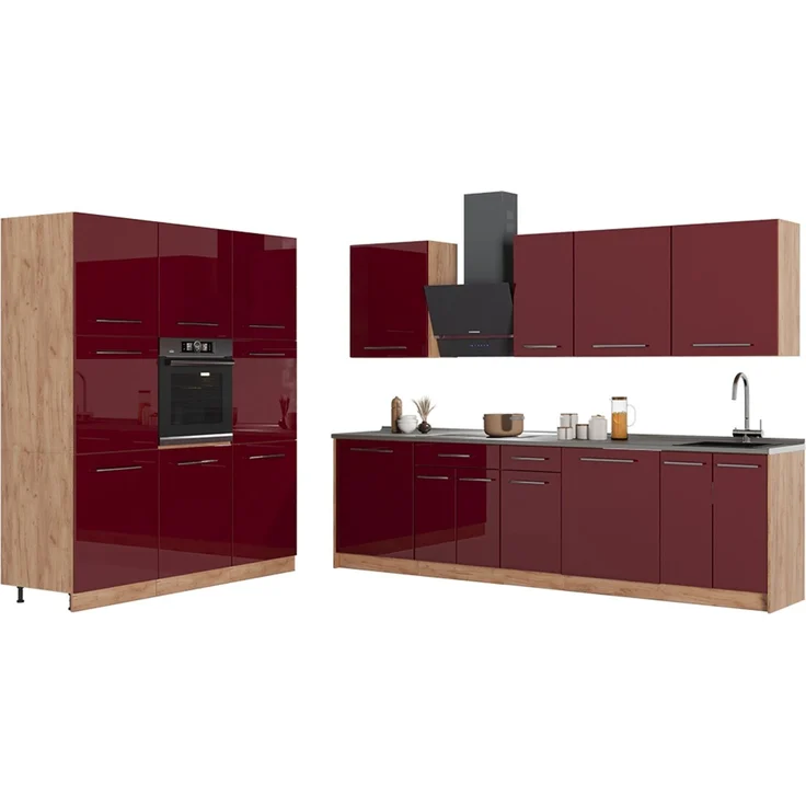 Küchenzeile Fame-Line Bordeaux Hochglanz/Goldkraft Eiche 460 cm, AP Anthrazit Vicco – Bild 4