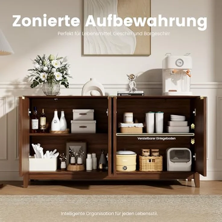 COLAMY Sideboard 150 cm Holz mit Stauraum – Modernes Sideboard für Wohnzimmer, Küchenschrank mit verstellbaren Einlegeböden, Buffet Schrank mit 3D Holzfront, Walnut – Bild 4