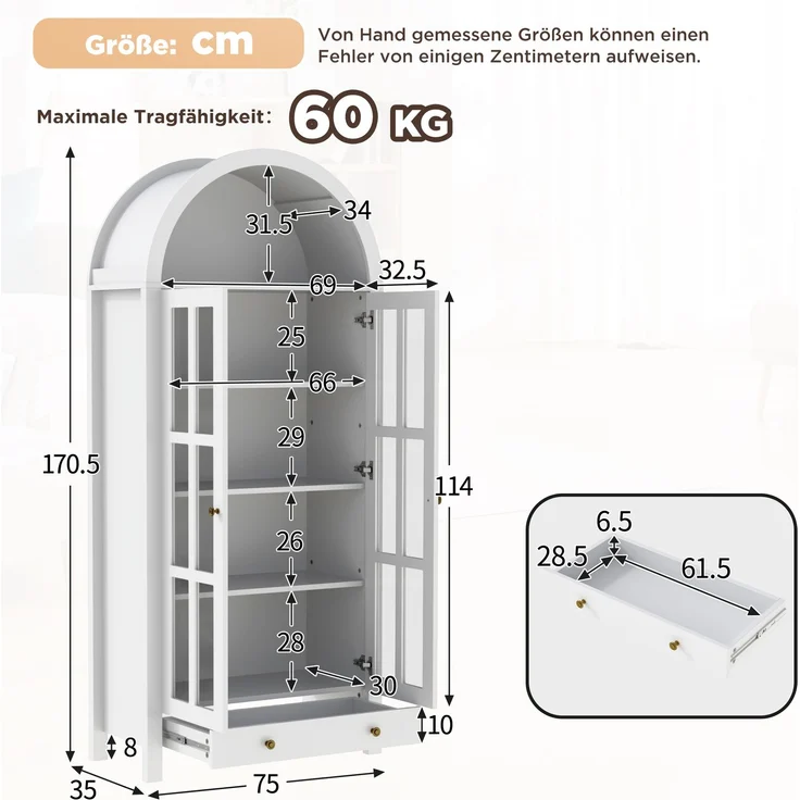 Moderner bogenförmiger Standhochschrank mit mehreren Regalebenen & Schublade – Multifunktionale Vitrine & Regalschrank mit höhenverstellbaren Einlegeböden für Wohnzimmer, Arbeitszimmer und Esszimmer--Weiß--75x35x170.5cm--YOUDENOVA – Bild 6