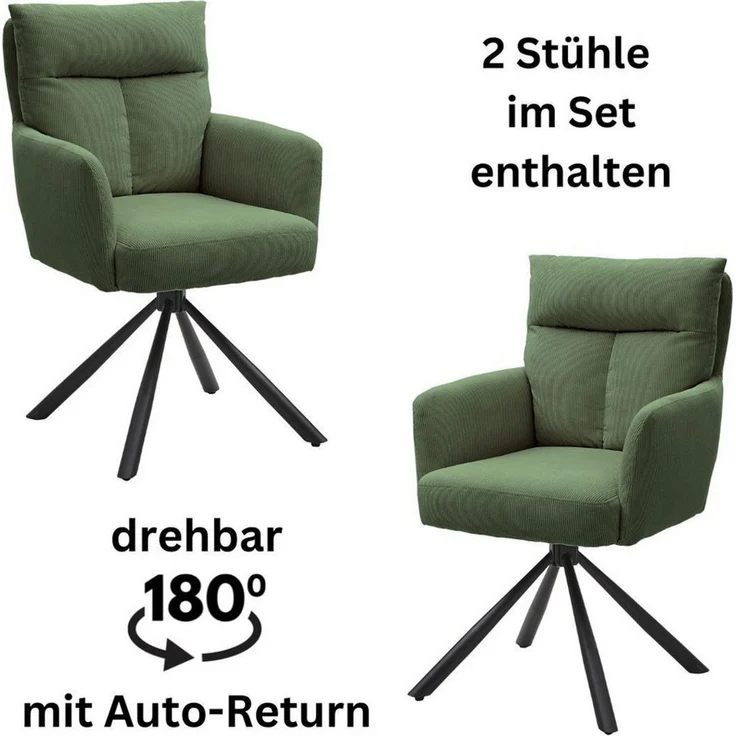 SOFIA Esszimmerstühle 2er Set mit schwarzem Metallgestell und Cord Bezug, Grün - Bequeme Stühle für Esszimmer & Wohnzimmer - 60 x 93 x 67 cm (B/H/T) – Bild 5