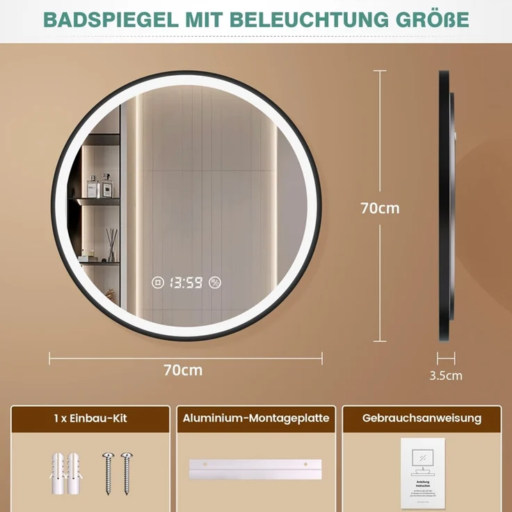 Pesenxan Runder LED Badspiegel Ø 70 cm, dimmbar, 3 Lichtfarben & Antibeschlag, 3-in-1-Touchsteuerung, 24h-Digitaluhr, mattschwarzer Aluminiumrahmen, für Badezimmer, Schwarz – Bild 9