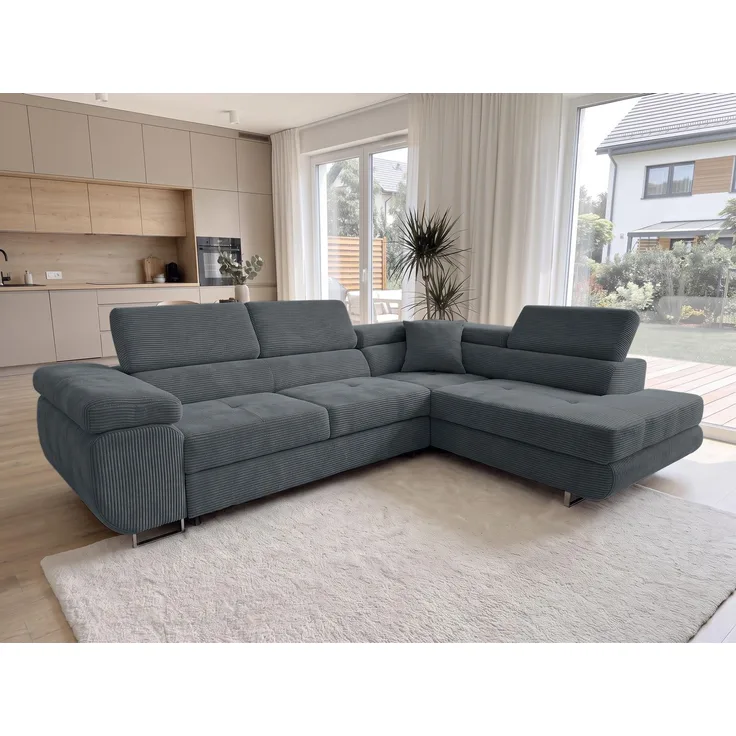 AX LIVING Konak Cord-Schlafsofa R Dunkelgrau 276 cm mit Bettkasten & Kopfstützen