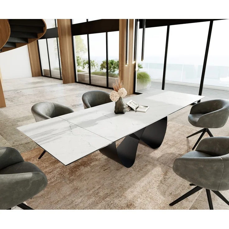 Esstisch Edge 200-300x100 cm Keramik Laminam® Statuarietto Weiß Infinity Metall Schwarz ausziehbar