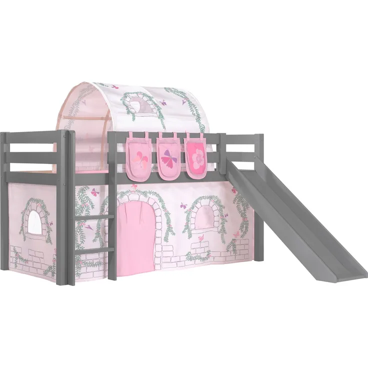 Vipack Spielbett 'Pino' inkl. Rutsche grau, mit Textilset Vorhang, Tunnel und 3 Taschen 'Birdy'
