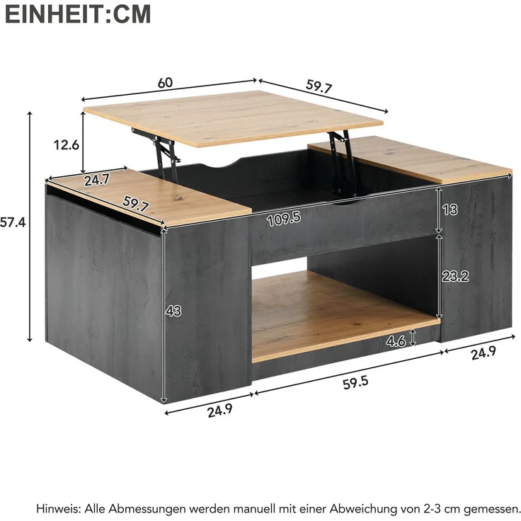 LVHOM Couchtisch mit Stauraum, Höhenverstellbarer Kaffeetisch mit versteckten Fächern, Laptoptisch für Wohnzimmer, Eiche-Optik/Grau, 109x60x43 cm – Bild 6