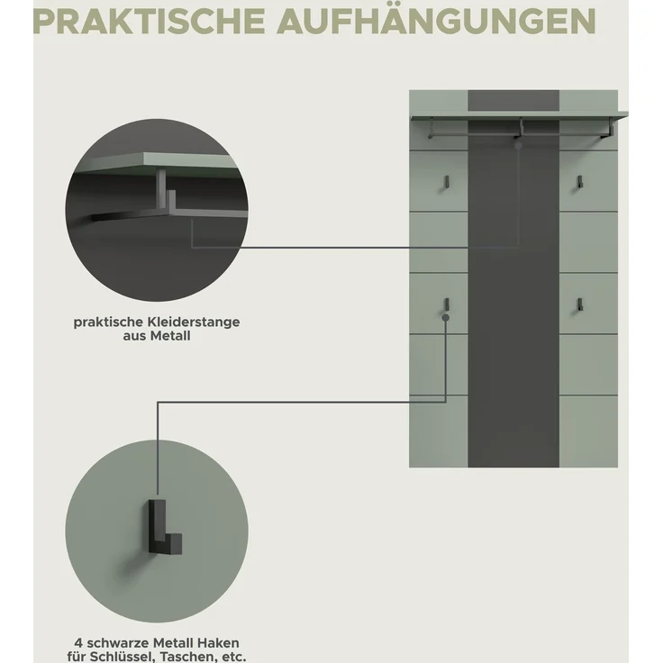 Garderobenkombination (B/H/T: 215x190x37 cm) in Smoke Green Nachbildung – Bild 10