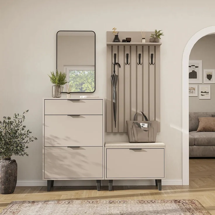 Roomart NORD Garderobenset 4-teilig – Schuhschrank, Sitzbank mit Schuhklappe, Garderobenpaneel 130 cm & Spiegel – Flurgarderobe – H 112 x B 73.6 x T 35 cm (Schuhschrank) • Beige – Bild 2