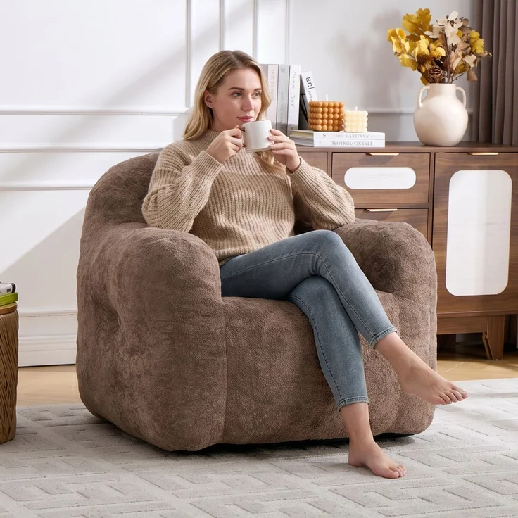 Sofa-Sessel in Khaki mit Kunstfell-Bezug, ergonomischer Rückenform und Schaumstofffüllung,79*95*95 cm – Bild 3