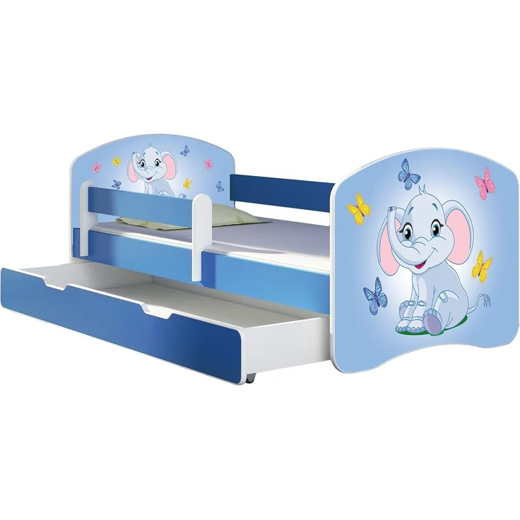 ACMA Kinderbett Jugendbett mit Einer Schublade und Matratze Blau mit Rausfallschutz Lattenrost II 140x70 160x80 180x80 (26 Elefant, 160x80 + Bettkasten) – Bild 1