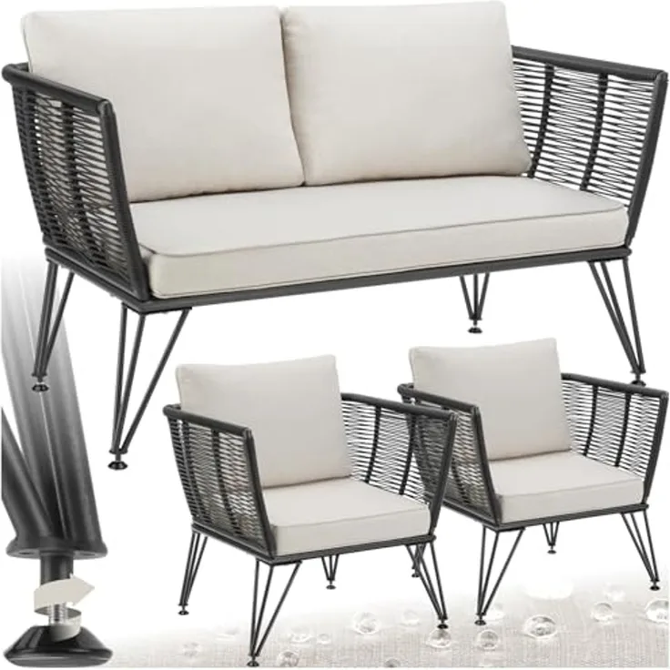 tectake Essgruppe Garten-Loungeset, (Set, 3-tlg), Polyrattan im Rope-Design